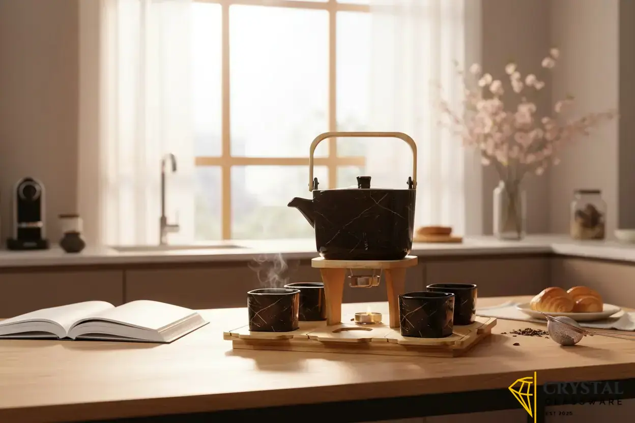 Ceramic teapot set features a black marble pattern with gold detailing, mounted on a wooden stand